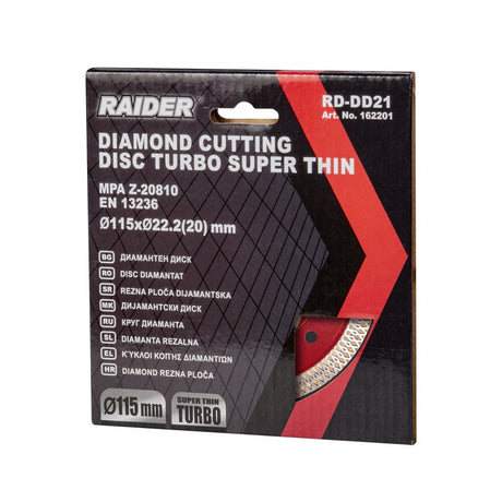 RAIDER Disc diamantat TURBO super - subtire 115x22.2 mm RD - DD21 Profil turbo special 10.5 mm Stratul de diamant Raider - scule electrice si unelte profesionale - BricoMart