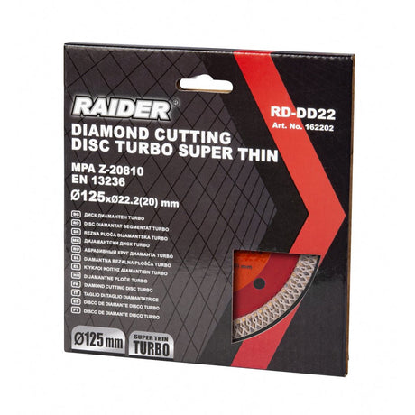 RAIDER Disc diamantat TURBO super - subtire 125x22.2 mm RD - DD22 Profil turbo special 10.5 mm Stratul de diamant Raider - scule electrice si unelte profesionale - BricoMart