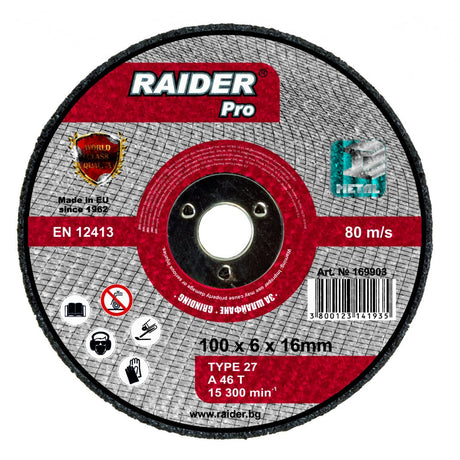 RAIDER Disc pentru taiat metal 100x6x16mm Pentru polizorul pneumatic Pentru polizat beton Viteza periferica maxima: 80 m / s Raider - scule electrice si unelte profesionale - BricoMart