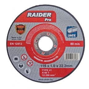 RAIDER Disc pentru taiat metal 115х1.0х22.2mm INOX RDP Disc pentru taierea INOX-ului Taietura rapida si curata Viteza periferica maxima: 80 m / s Raider - scule electrice si unelte profesionale - BricoMart