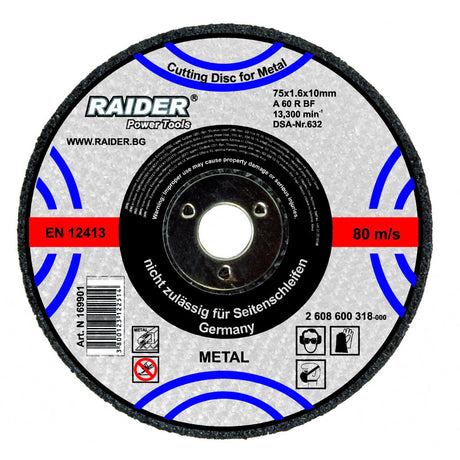 RAIDER Disc pentru taiat metal 125х1.6х22.2mm Disc pentru taierea metalelor Viteza periferica maxima: 80 m / s Raider - scule electrice si unelte profesionale - BricoMart