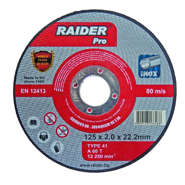RAIDER Disc pentru taiat metal 125х2.5х22.2mm RDP Disc pentru taierea metalelor Viteza periferica maxima: 80 m / s Raider - scule electrice si unelte profesionale - BricoMart