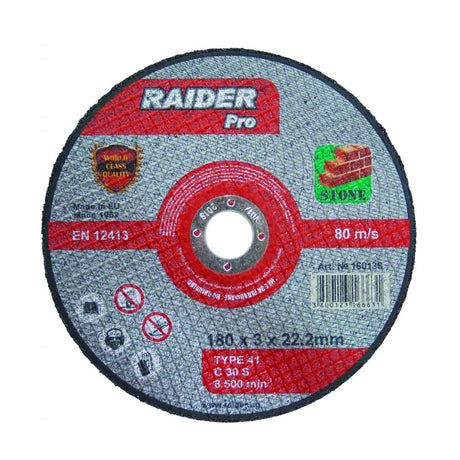 RAIDER Disc pentru taiat piatra 230х3х22.2mm RDP Disc pentru nemetale Potrivit pentru taierea pietrei Viteza periferica maxima: 80 m / s Raider - scule electrice si unelte profesionale - BricoMart