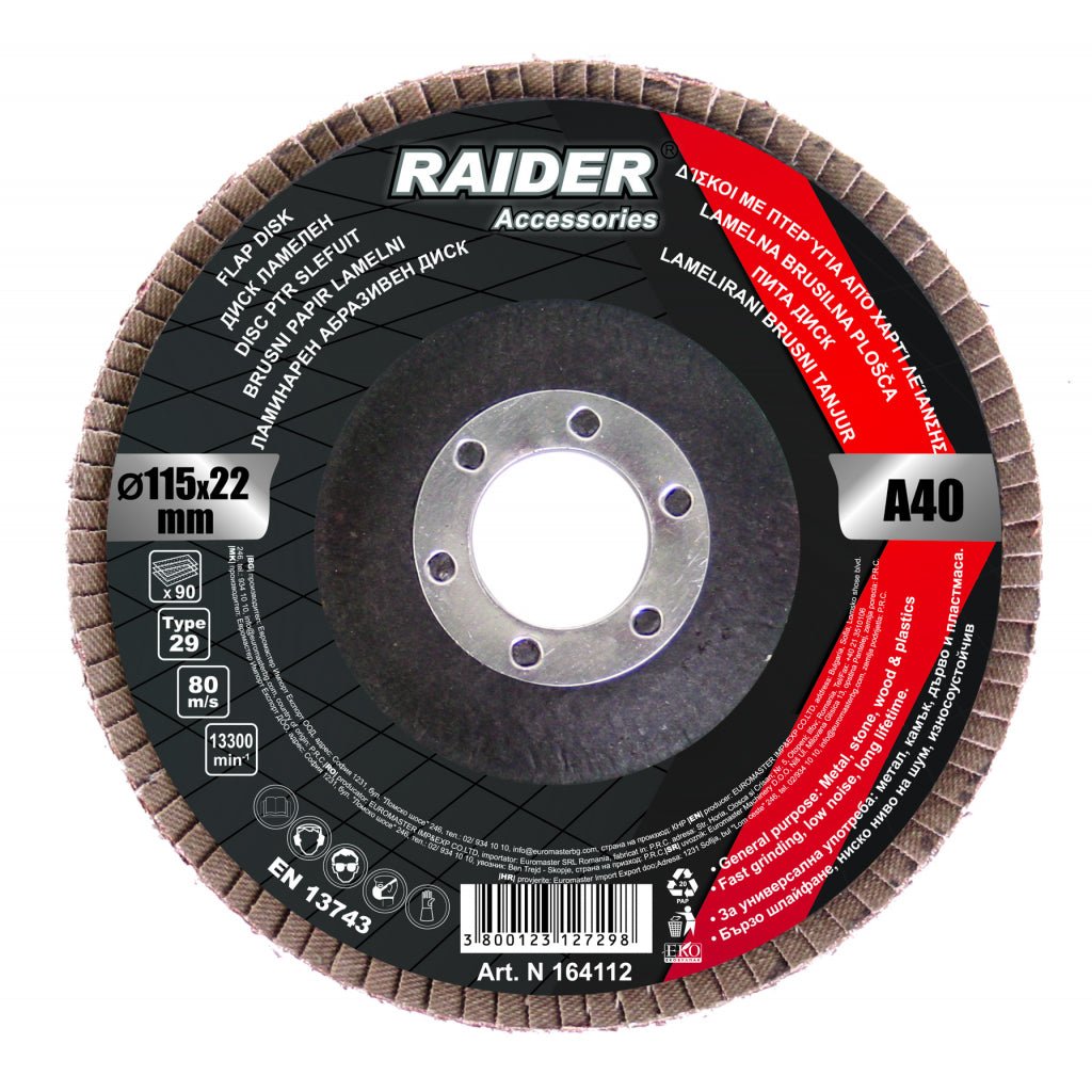 RAIDER Disc ptr slefuit 115mm А - 100 Pentru uz universal Polizare rapida, zgomot redus Rezistenta marita la uzura Raider - scule electrice si unelte profesionale - BricoMart