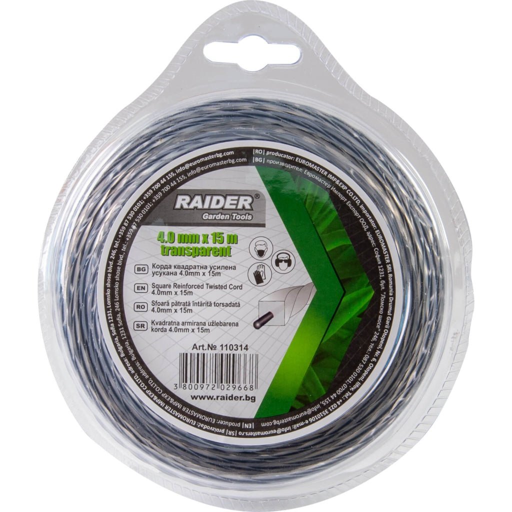 RAIDER Fir patrat rasucit pentru motocoase 4.0mm х 15m transparent Firul răsucit întărit pătrat oferă atât eficiență prin reducerea nivelurilor de zgomot, cât și a vibrațiilor mașinii, as Raider - scule electrice si unelte profesionale - BricoMart