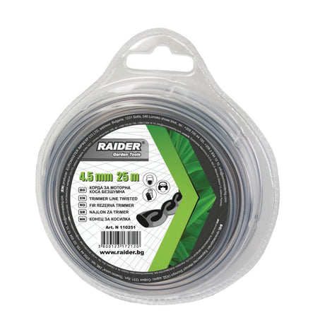 RAIDER Fir rasucit trimmer ø4.5mm х 25m Nivel redus de zgomot datorat formei aerodinamice Construit din material durabil ce ii confera elasticitate o perioada l Raider - scule electrice si unelte profesionale - BricoMart