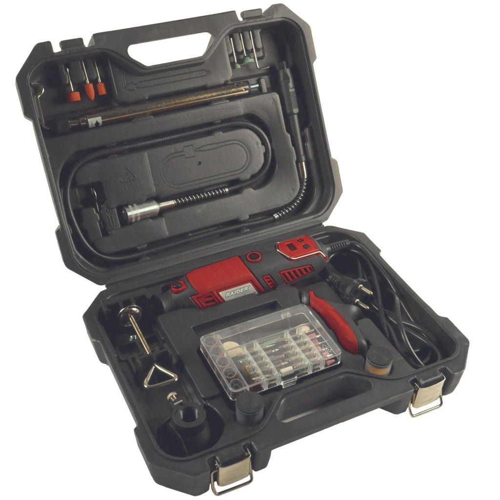 RAIDER Mini freza 170W cu 126 accesorii in cutie RD - MG09 Turatie reglabila Display LCD Arbore flexibil pentru o gravură precisă si comoda Cutie de transport cu accesorii Stand t Raider - scule electrice si unelte profesionale - BricoMart