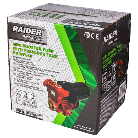 RAIDER Mini hidrofor 550W 1" 45L/min 58m RD - WP550 Designul compact face ca hidroforul să fie ușor de instalat și utilizat în spații limitate Debit maxim de 45 litri pe mi Raider - scule electrice si unelte profesionale - BricoMart