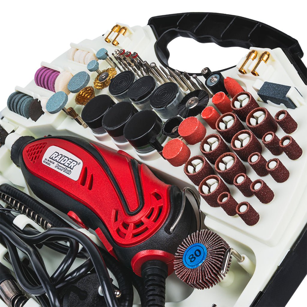 RAIDER Mini polizor drept set cablu & acces. 135W RD - MG06 Turatie reglabila Cutie de transport cu accesorii Arbore flexibil pentru o gravură precisă si comoda Raider - scule electrice si unelte profesionale - BricoMart