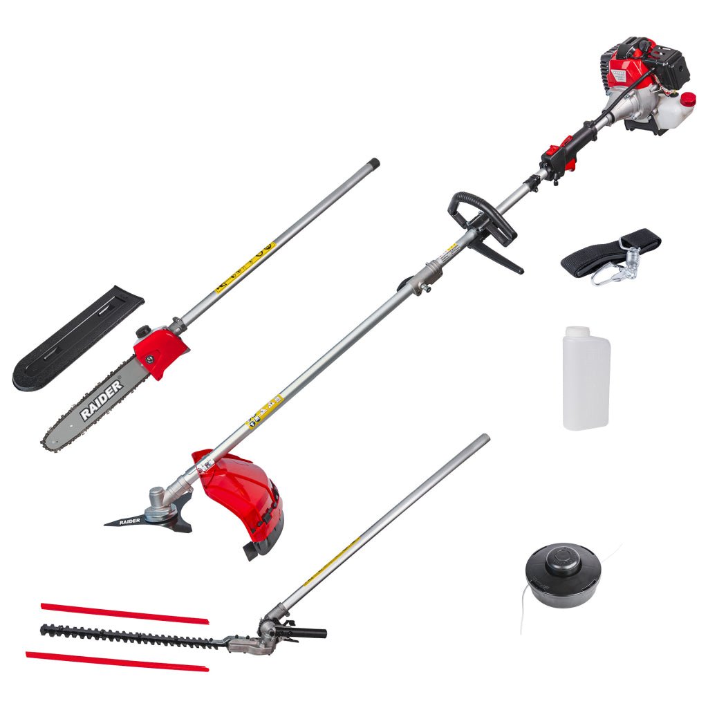 RAIDER Motocoasa pe benzina tija detasabila 4in1 2.2kW RD - GBC25 Mașina de tuns RD - GBC25 este echipată cu un motor pe benzină în doi timpi de 2,2 kW, care oferă suficientă putere pentru Raider - scule electrice si unelte profesionale - BricoMart