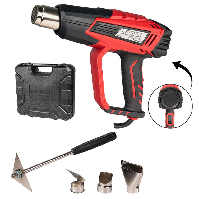 RAIDER Pistol aer cald 2000W 2trepte t° regl. 5 acc. valiza RD - HG27 2 setari ale fluxului de aer Modelul "RD - HG27" oferă o setare mai precisă a temperaturii care poate fi selectată din spa Raider - scule electrice si unelte profesionale - BricoMart