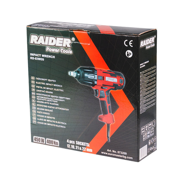 RAIDER Pistol electric de impact ½” 450W 400Nm RD - EIW09 Cuplu maxim de 400 Nm Dimensiunea manerului: 1/2" - dimensiune standard compatibila cu o gama larga de accesorii Setul in Raider - scule electrice si unelte profesionale - BricoMart