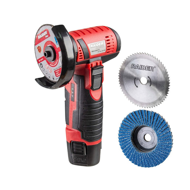 RAIDER Polizor unghiular cu acumulator12V 2Ah 75x10mm RD - CAG72 Extrem de durabil, cu un corp compact conceput pentru a face tăieturi rapide în spații înguste unde alte unelte nu pot a Raider - scule electrice si unelte profesionale - BricoMart
