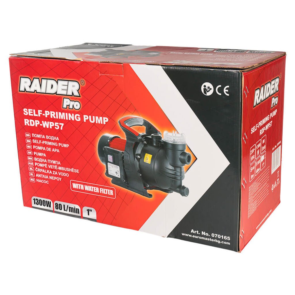 RAIDER Pompa auto - amorsare 1300W 1" 80L/min 48m filtru apa RDP - WP57 Cu un diametru al duzei de 1”, pompa atinge un debit de 80 litri pe minut cu o înălțime maximă de până la 48 de metri Es Raider - scule electrice si unelte profesionale - BricoMart