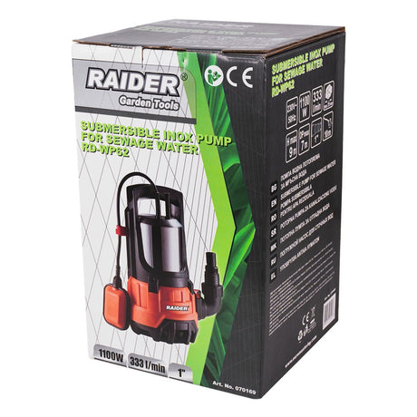 RAIDER Pompă submersibilă 1100W 1" 333L/min 9m INOX RD - WP62 Putere de 1100W pentru pomparea eficientă și rapidă a cantităților mari de apă Debit de 333 l/min (19.980 l/h): debitul Raider - scule electrice si unelte profesionale - BricoMart