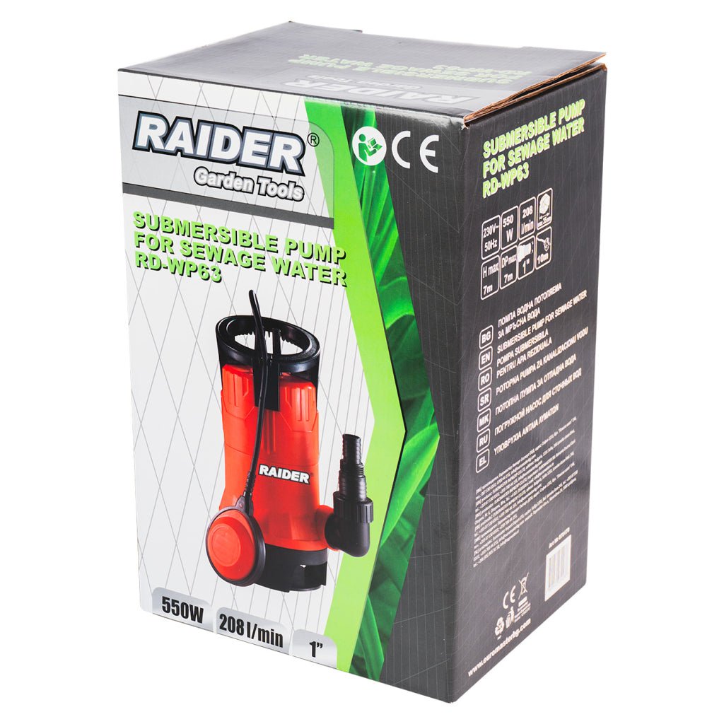 RAIDER Pompă submersibilă 550W 1" 208L/min 7m RD - WP63 Design compact – ușor de transportat și instalat în locuri înguste și greu accesibile Putere de 550 W - asigură pomparea Raider - scule electrice si unelte profesionale - BricoMart