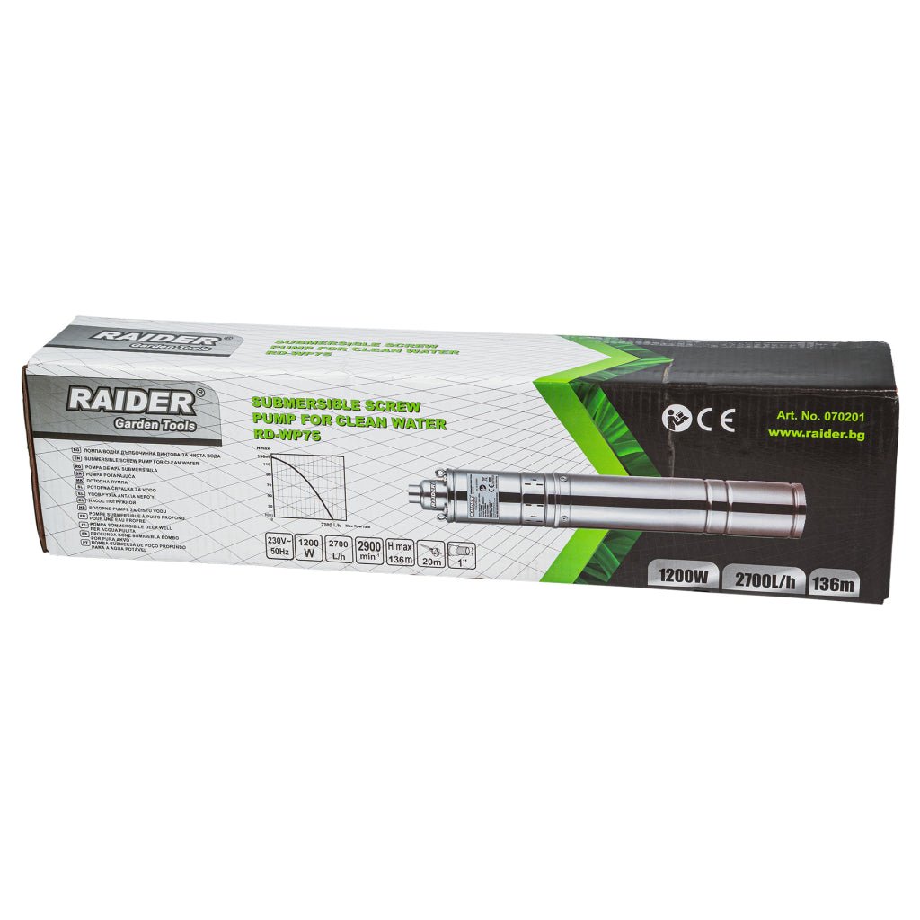 RAIDER Pompa submesibila cu surub 1200W 2700 L/h 20m RD - WP75 Motor puternic de 1200W – ofera putere suficienta pentru sarcini intensive si utilizare continua cu volume mari de apa. Raider - scule electrice si unelte profesionale - BricoMart