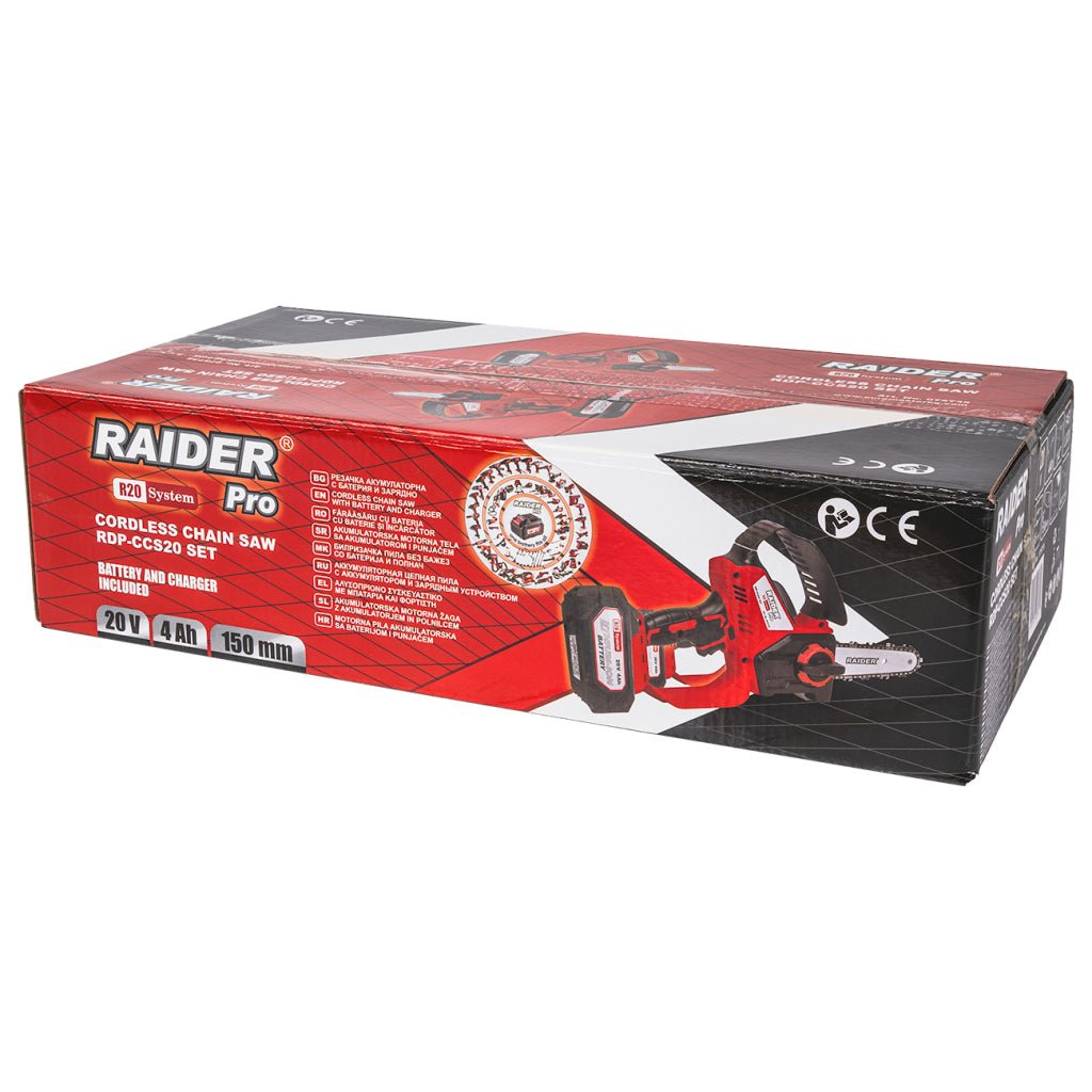 RAIDER R20 Fierastrau cu lant 150mm SDS 1/4"36 Oil 4Ah RDP CCS20 Raider Pro R20 System Usor si confortabil Intinzator ce nu are nevoie de scule suplimentare Raider - scule electrice si unelte profesionale - BricoMart