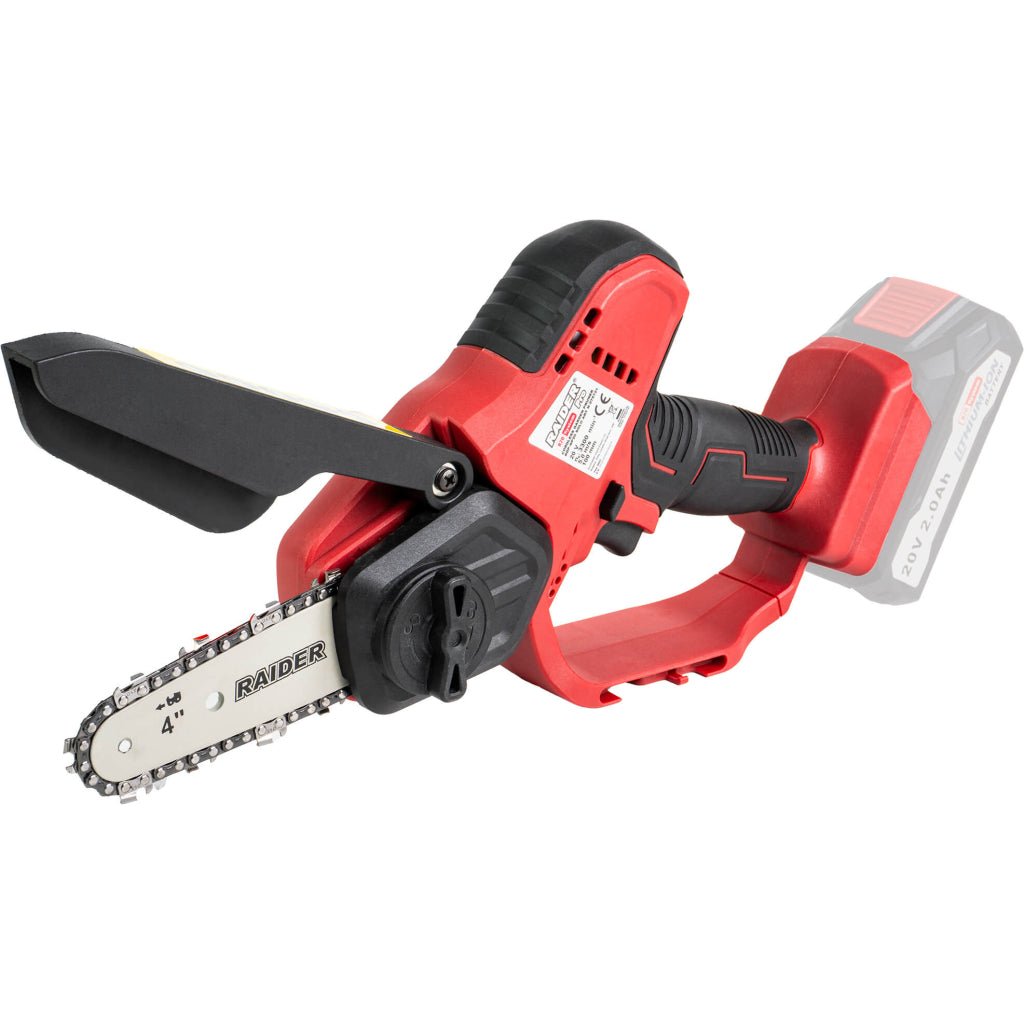 RAIDER R20 Fierastrau de gradina 100mm 1/4".043" 28 Solo RDP - GP20 Are un capac situat peste lantul de taiere, asigurand siguranta in timpul functionarii Sistem rapid și ușor de tensionar Raider - scule electrice si unelte profesionale - BricoMart
