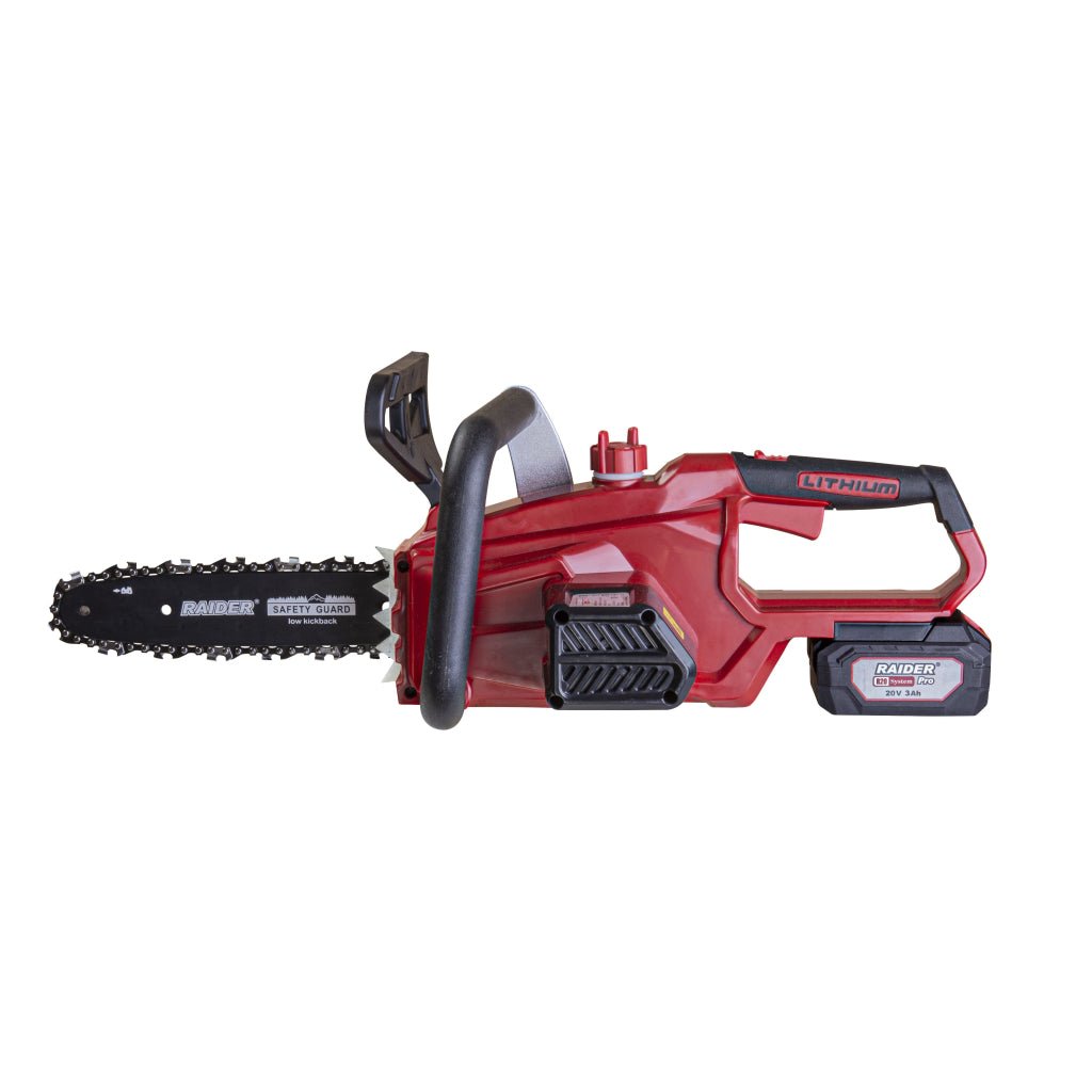 RAIDER R20 Fierastrau electric cu lant 250mm 3Ah RDP - SCS20 Set Frana lant inertiala Constructie usoara Intinzator ce nu are nevoie de scule suplimentare Ungere automata a lantului Raider - scule electrice si unelte profesionale - BricoMart