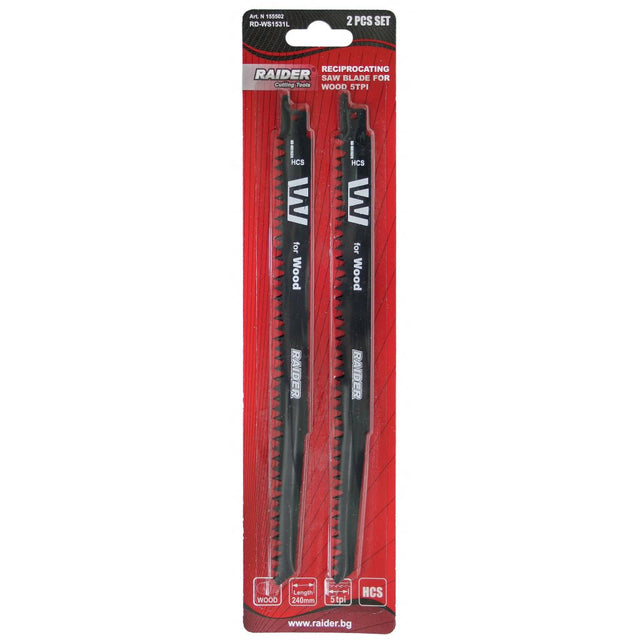 RAIDER Set 2 lame fierastrau sabie lemn 240x19x1.5mm RD - WS1531L Fabricat din otel carbon Potrivit pentru taierea tuturor tipurilor de lemn Raider - scule electrice si unelte profesionale - BricoMart