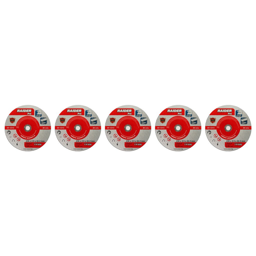 RAIDER Set 5 discuri taiat metal 230х2mm A60T Inox RDP Material: INOX - dezvoltat special pentru tăierea oțelului inoxidabil, fără riscul de coroziune și decolorare a material Raider - scule electrice si unelte profesionale - BricoMart