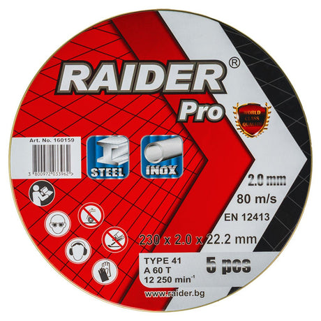 RAIDER Set 5 discuri taiat metal 230х2mm A60T Inox RDP Material: INOX - dezvoltat special pentru tăierea oțelului inoxidabil, fără riscul de coroziune și decolorare a material Raider - scule electrice si unelte profesionale - BricoMart