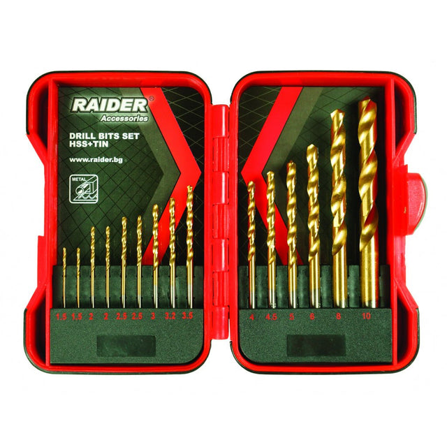 RAIDER Set burghie pentru metal HSS TIN ø1.5 - 10mm 15pcs Frecare redusa si uzura minima Viteza de gaurire cu 40% mai mare Cutie de depozitare Raider - scule electrice si unelte profesionale - BricoMart