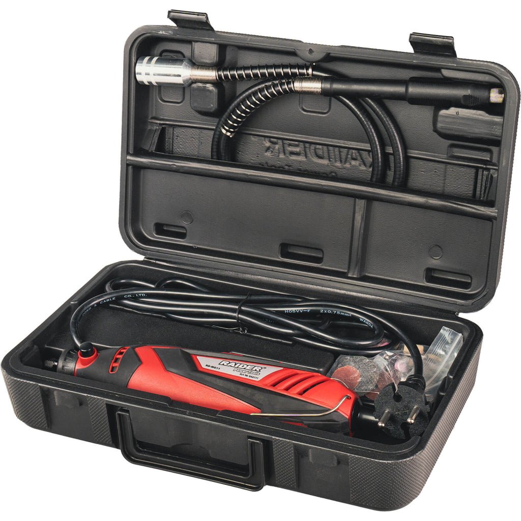 RAIDER Set mini polizor drept 135W viteza variabila 40 acc. RD - MG11 Butonul de blocare permite schimbarea rapidă și ușoară a vârfului Posibilitatea de reglare a rotațiilor în funcție de ma Raider - scule electrice si unelte profesionale - BricoMart