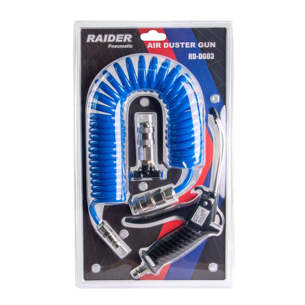 RAIDER Set pistol pentru suflat cu furtun 5m spiralat 1/4"M&F Pentru curățare rapidă, chiar și în locuri greu accesibile Carcasă din aluminiu Furtun pneumatic de 5 m cu un diametru i Raider - scule electrice si unelte profesionale - BricoMart