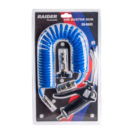RAIDER Set pistol pentru suflat cu furtun 5m spiralat 1/4"M&F Pentru curățare rapidă, chiar și în locuri greu accesibile Carcasă din aluminiu Furtun pneumatic de 5 m cu un diametru i Raider - scule electrice si unelte profesionale - BricoMart