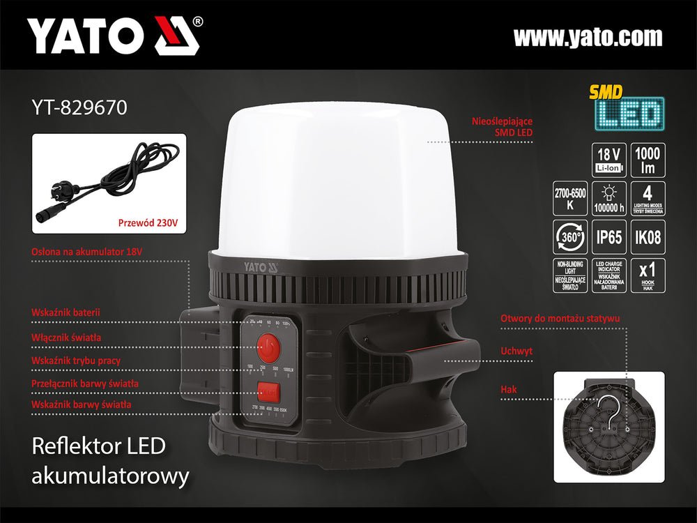 REFLECTOR 18V 10000LM 360° IK08 Yato YT - 829670 - Promotii YATO, 18 V, 10000 lm, 5000 lm Yato - scule electrice si unelte profesionale - BricoMart
