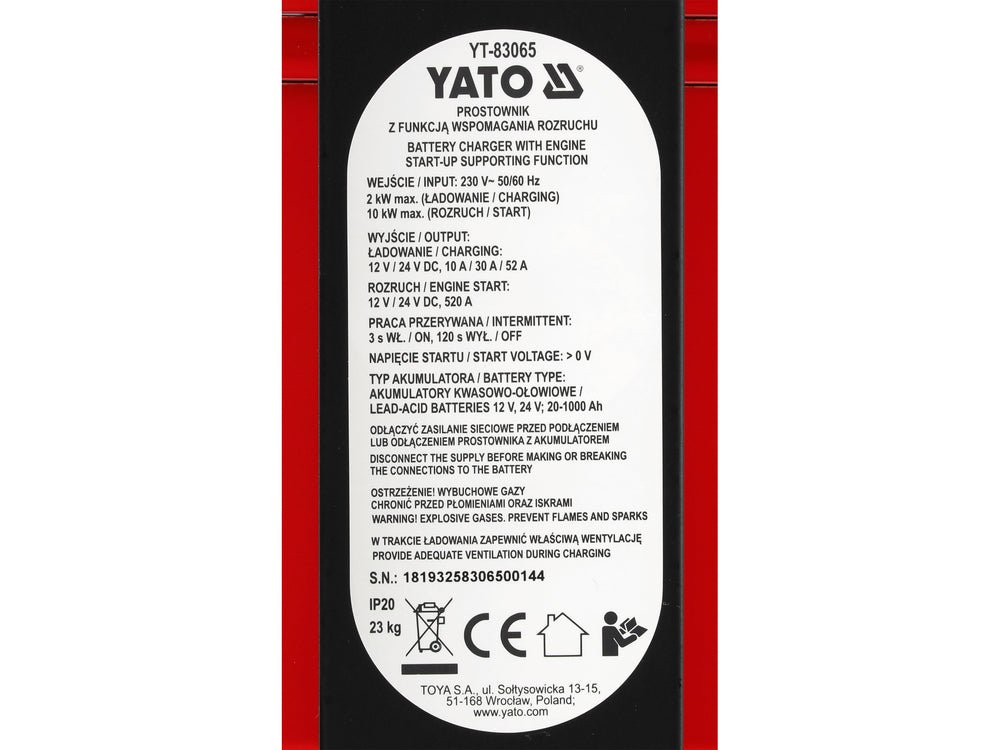 ROBOT PORNIRE AUTO YATO YT - 83065 , 12V - 24V , 20 - 1000AH , 10 A/30 A/52 A Yato - scule electrice si unelte profesionale - BricoMart