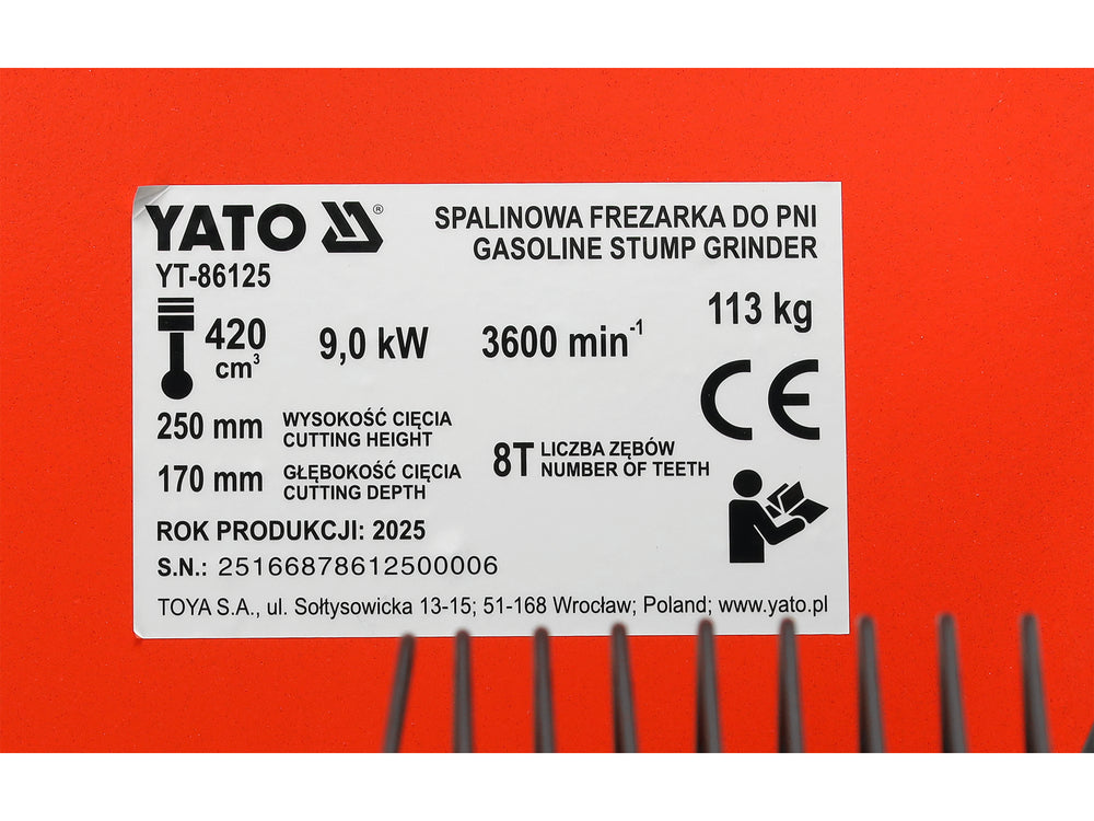 Freza pe benzina pentur buturugi si radacina Yato YT-86125 , 420 cm3 , motor LONCIN G420F , 3600 rpm