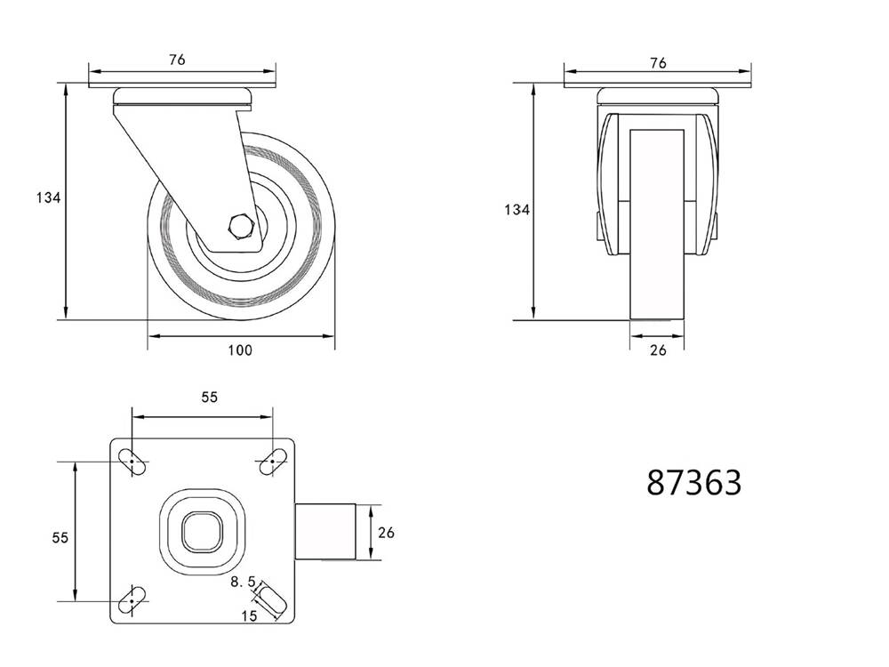 ROATA PIVOTANTA CU VOREL 87363 CAUCIUC GRI, 100MM