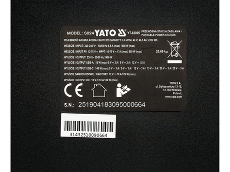 Statie incarcare portabila YATO YT-83095, 2400 W, 2232 wh - imagine 6