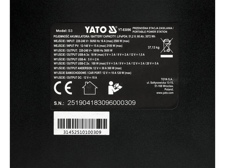 Statie incarcare portabila YATO YT-83096, 3600 W, 3072 wh - imagine 13