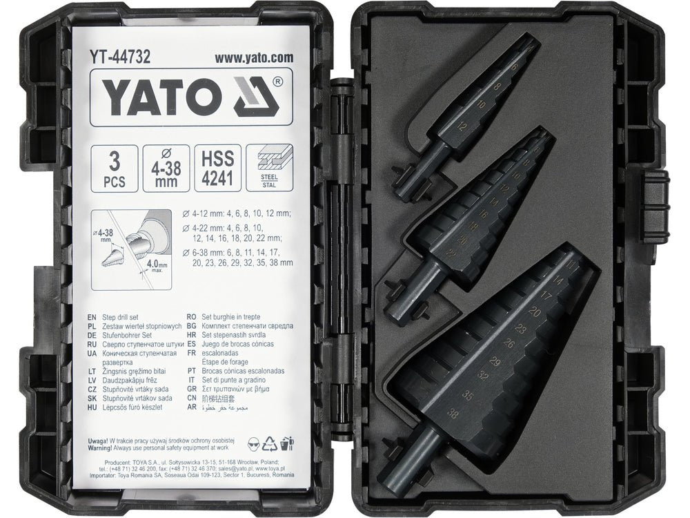 SET 3 BURGHIE IN TREPTE PENTRU METAL Yato YT - 44732 - 12 mm, 43 mm, 64 mm, 22 mm Yato - scule electrice si unelte profesionale - BricoMart