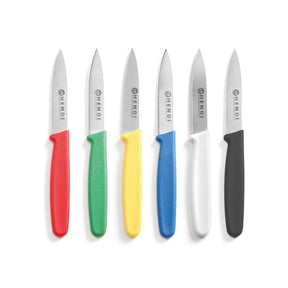 Set 6 x cutit bucatarie, lama inox 7.5 cm / lungime cutit 17.5 cm, manere de 6 culori diferite, respecta normele igiena HACCP, Hendi