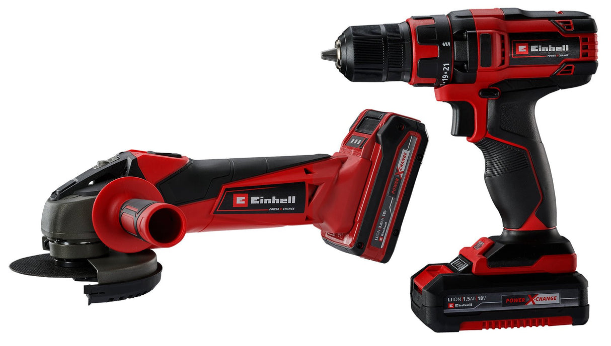 Set de scule Einhell TC - TK 18 Li Kit Power X - Change litiu - ion, masina de gaurit si insurubat (bormasina) TC - CD 18/35 Li + polizor unghiular TC - AG 18/115 Li, incl. acumulator de 1,5 Ah si 3,0 Ah Einhell - scule electrice si unelte profesionale - BricoMart