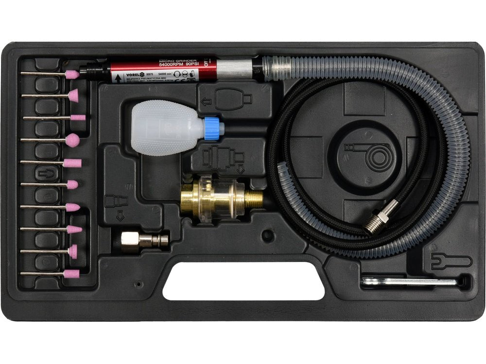 SET MINI FREZA PNEUMATICA, 16 PIESE Vorel 80970 - Polizoare pneumatice, 54000 rpm Vorel - scule electrice si unelte profesionale - BricoMart