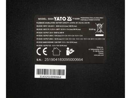Statie incarcare portabila YATO YT-83095, 2400 W, 2232 wh - imagine 6