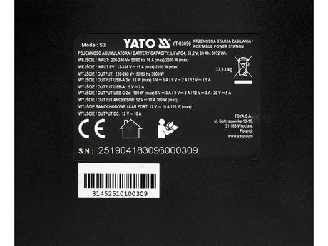 Statie incarcare portabila YATO YT-83096, 3600 W, 3072 wh - imagine 13