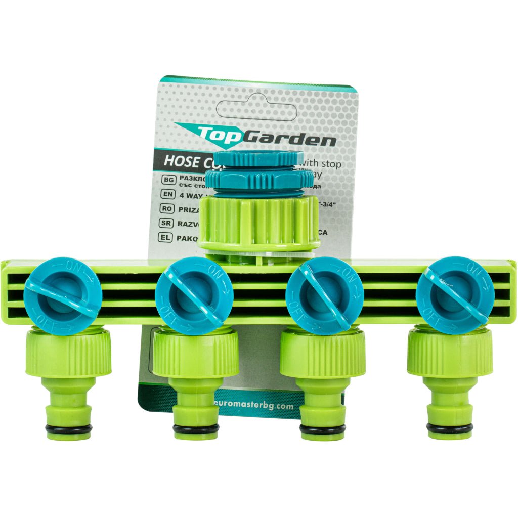 TOP GARDEN Mufa conector furtun 4 cai cu stop 1/2 - 3/4 TG Se pot folosi 4 furtunuri diferite Top Garden - scule electrice si unelte profesionale - BricoMart
