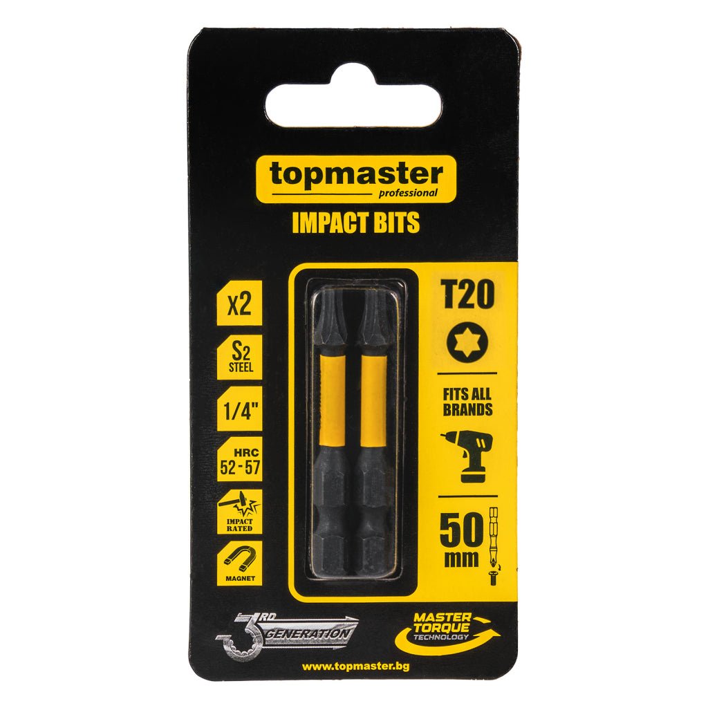 TOP MASTER PRO Bit de impact 50mm TX20, 2 buc. TMP Ideal pentru o varietate de aplicații, inclusiv asamblarea mobilierului, reparații, lucrări de construcție și alte sarci Top Master Pro - scule electrice si unelte profesionale - BricoMart