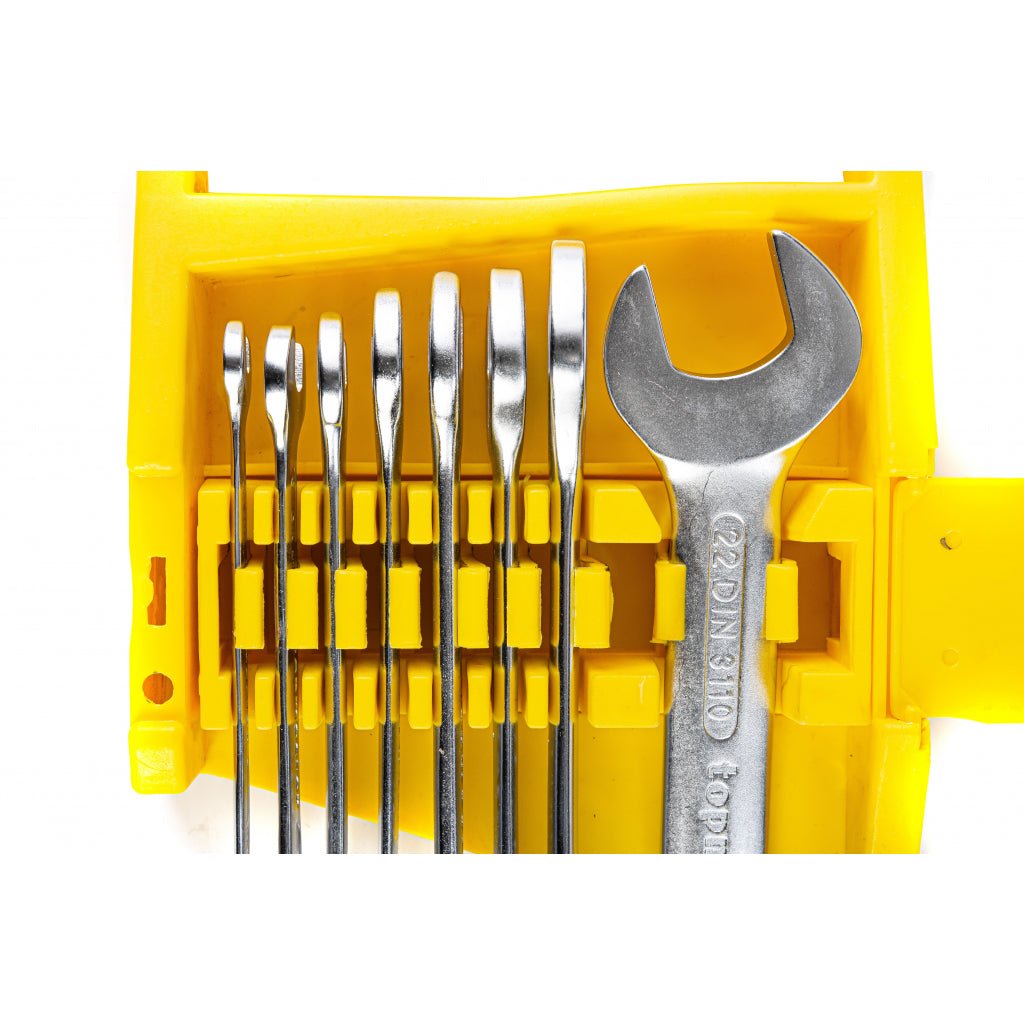 TOP MASTER PRO Chei fixe 6 - 22mm set 8pcs CR - V PRESS TMP Material: otel crom - vanadiu de inalta calitate presat la cald Finisaj crom mat permanent Suport din plastic Top Master Pro - scule electrice si unelte profesionale - BricoMart
