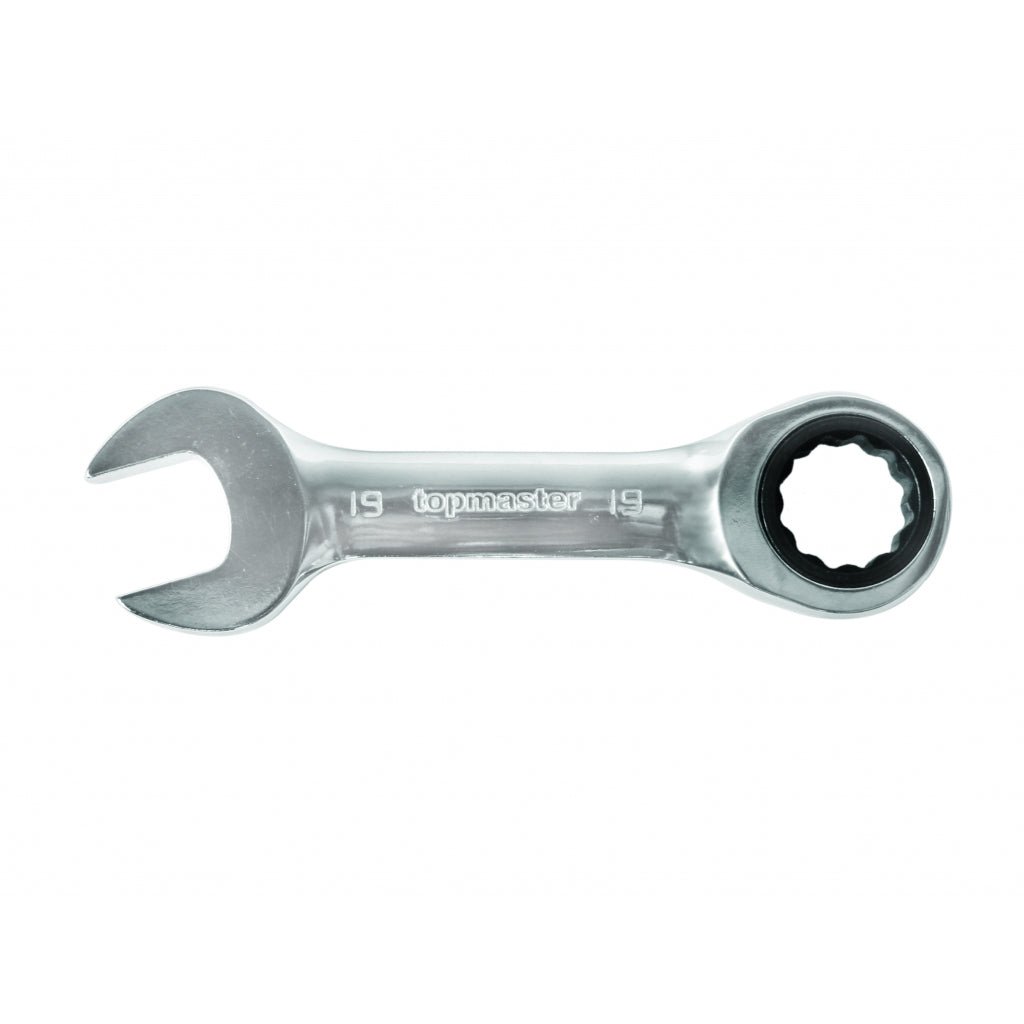 TOP MASTER PRO Cheie combinata cu clichet 19mm STUBBY CR-V TMP Capatul cheii este inclinat cu 15 ° pentru lucru facil in spatii inaccesibile Material: otel crom-vanadiu de inalta cali Top Master Pro - scule electrice si unelte profesionale - BricoMart