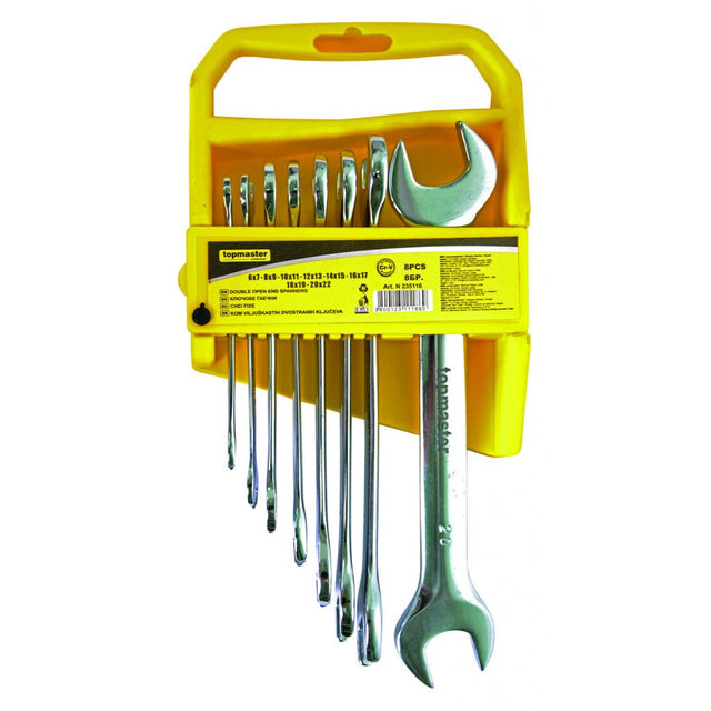 TOP MASTER PRO Cheie fixa 6 - 22mm set 8pcs CR - V TMP Material: otel crom - vanadiu de inalta calitate presat la cald Complet lustruit Suport din plastic Top Master Pro - scule electrice si unelte profesionale - BricoMart