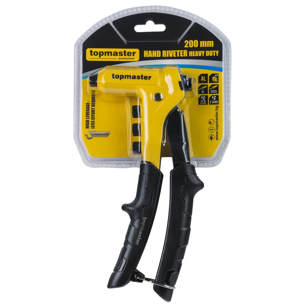 TOP MASTER PRO Cleste nituri pop heavy duty 3rd Gen 200mm TMP O caracteristică distinctivă a acestui model este cele trei fălci din oțel Cr - Mo. Acest tip de oțel este extrem de rezis Top Master Pro - scule electrice si unelte profesionale - BricoMart