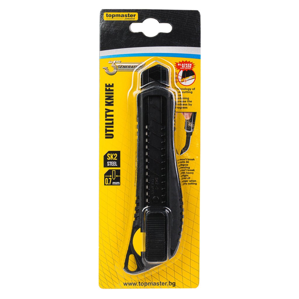 TOP MASTER PRO Cutter multifunctional SK2 18 mm TMP Lama din otel SK2 cu grosime cu 40% mai mica decat la cutterele standard Tehnologia de ascutire laser (HRC > 65) ofera o Top Master Pro - scule electrice si unelte profesionale - BricoMart